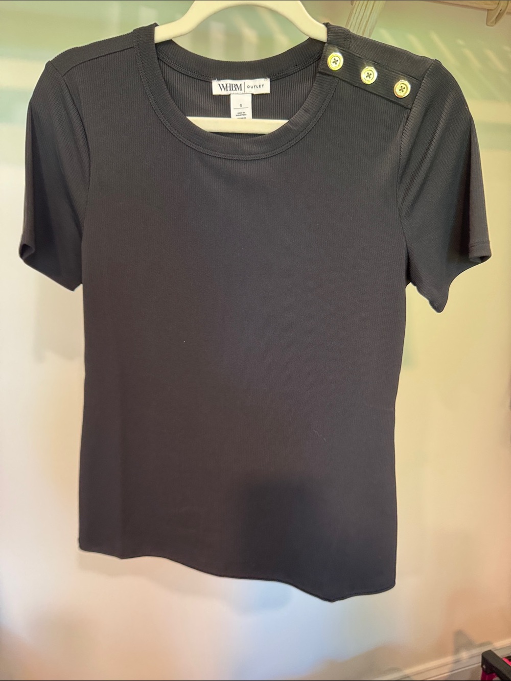 White House Black Market Black Short-Sleeve Ribbed Top with Shoulder Buttons